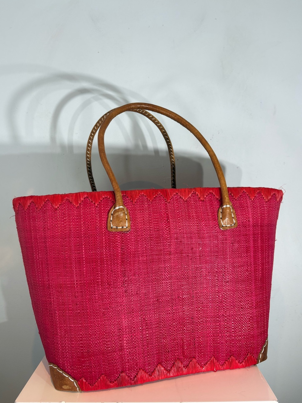 Onigo Woven Red Raffia Tote Bag Genuine Leather Handles Drawstring